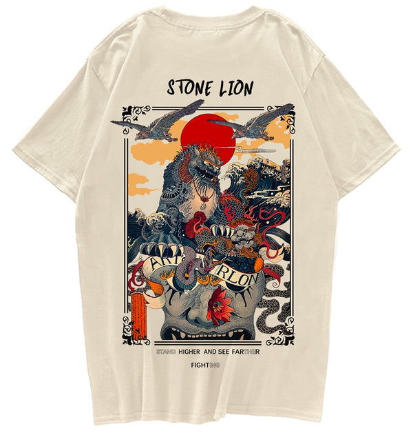 Rhtln Chinese Stone Lion Printed Streetwear T Shirts 2022 Mens, streetwear graphic t‑shirt, in khaki 1, size S, harajuku aesthetic, soft cotton, relaxed fit, premium print, daily wear, Club Paradise a, unisex streetwear,
