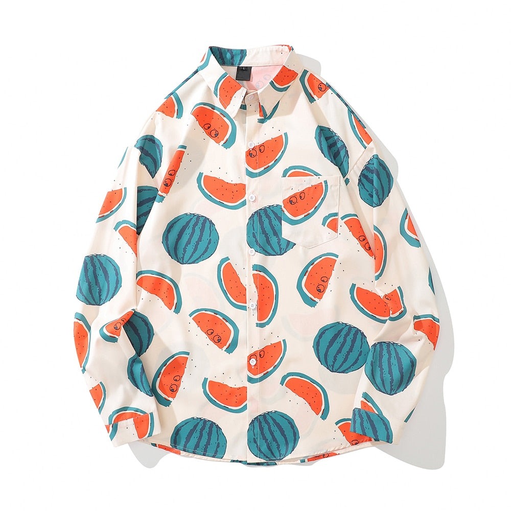 "Watermelon" Graphic Unisex Streetwear Vintage Women Men Y2K Button Shirt