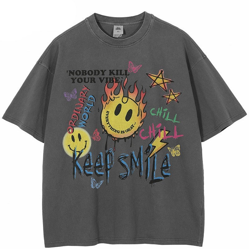 "Keep Smiling Forever" Graphic Unisex Streetwear Vintage Women Men Y2K T-Shirt