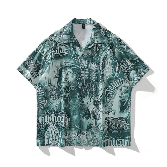 "Paisa" Graphic Unisex Streetwear Vintage Women Men Y2K Button Up Shirt