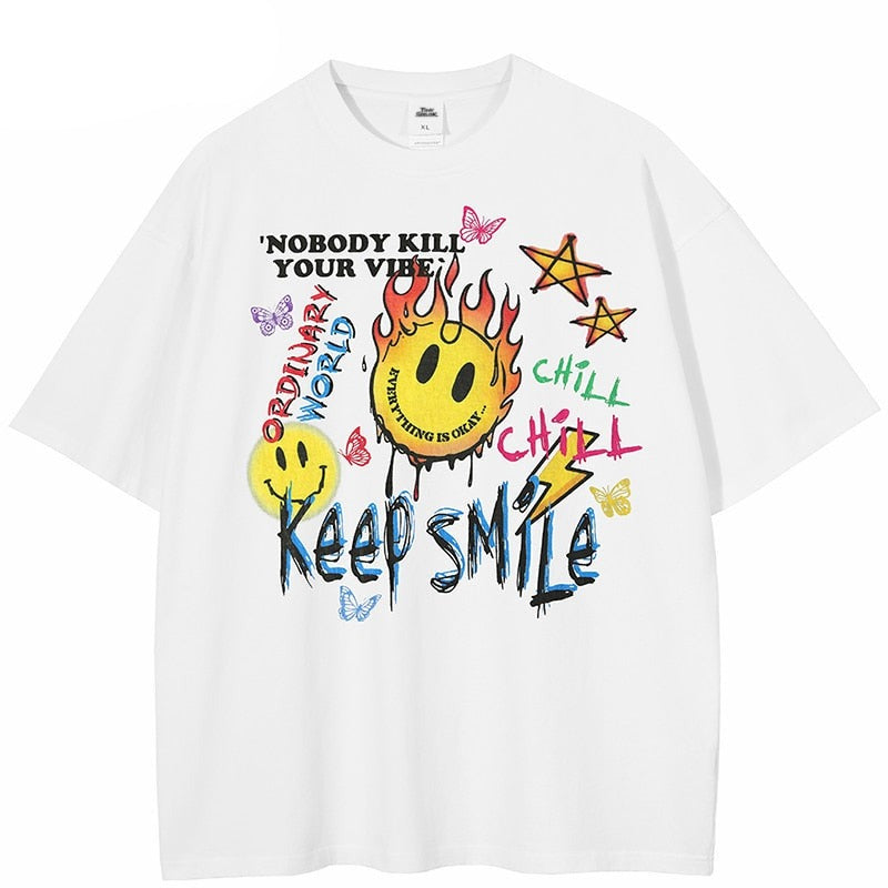 "Keep Smiling Forever" Graphic Unisex Streetwear Vintage Women Men Y2K T-Shirt