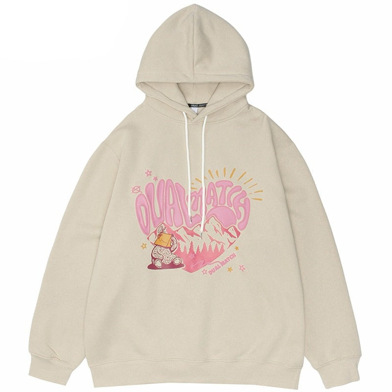Streetwear hoodie featuring vaporwave futuristic prints and grunge influence, soft feel and easy drape, designed for expressive alternative looks and comfort. Color: Khaki Size: S.
