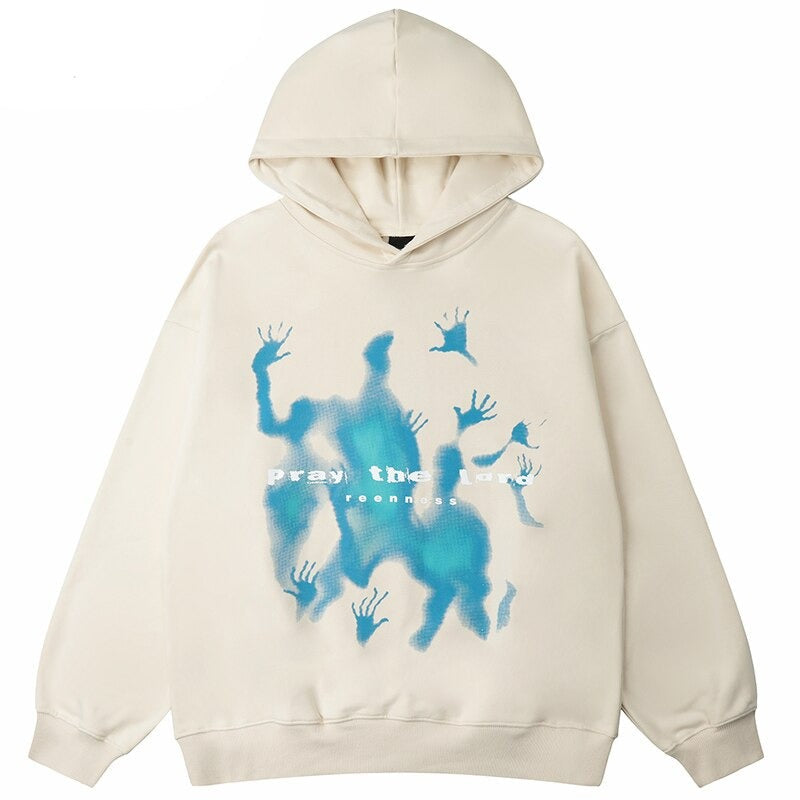 Streetwear hoodie featuring vaporwave futuristic prints and grunge influence, soft feel and easy drape, designed for expressive alternative looks and comfort.