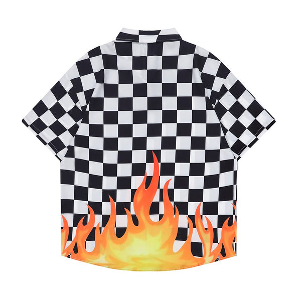 "Plaid Flame" Graphic Unisex Streetwear Vintage Women Men Y2K Button Shirt