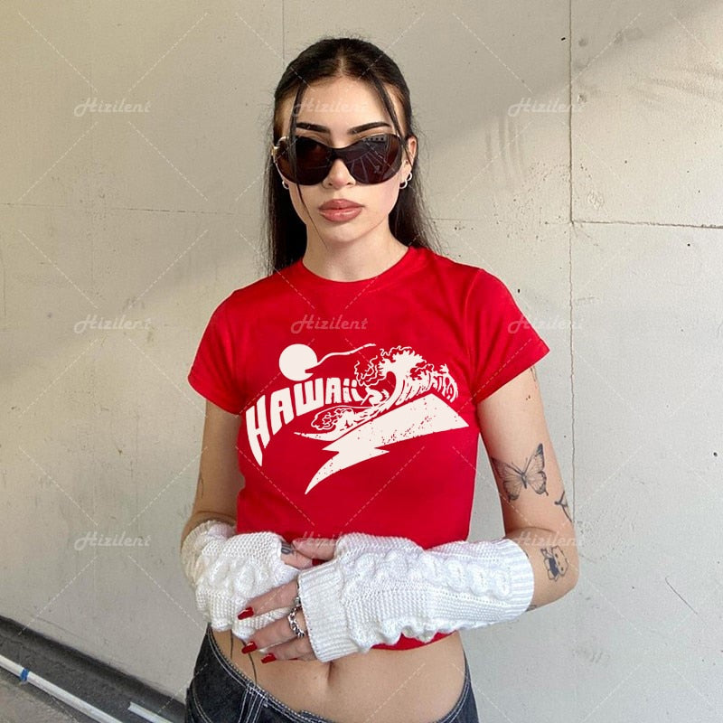 "Red Waves" Graphic Unisex Streetwear Vintage Women Men Y2K T-Shirt