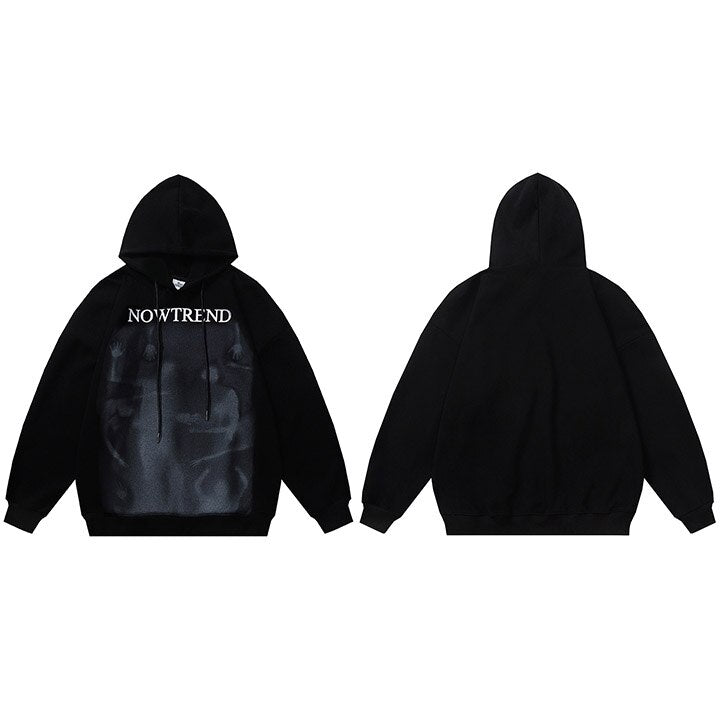 Streetwear hoodie featuring vaporwave futuristic prints and grunge influence, soft feel and easy drape, designed for expressive alternative looks and comfort.