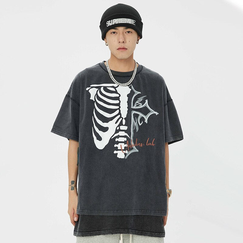 "Skeleton Cross" Graphic Unisex Streetwear Vintage Women Men Y2K T-Shirt